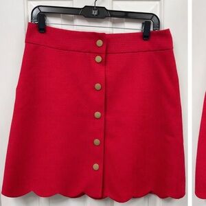 J.Crew Deep Red Scalloped Hem Button-Front Skirt